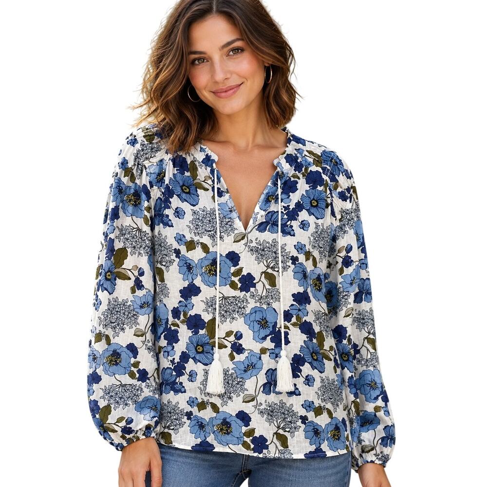 Lucky Brand Tasseled Peasant Top Womens Medium White Blue Olive Floral Blouse